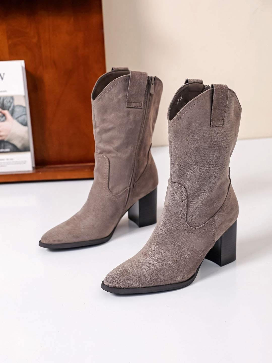 Khaki block heel cowboy boots