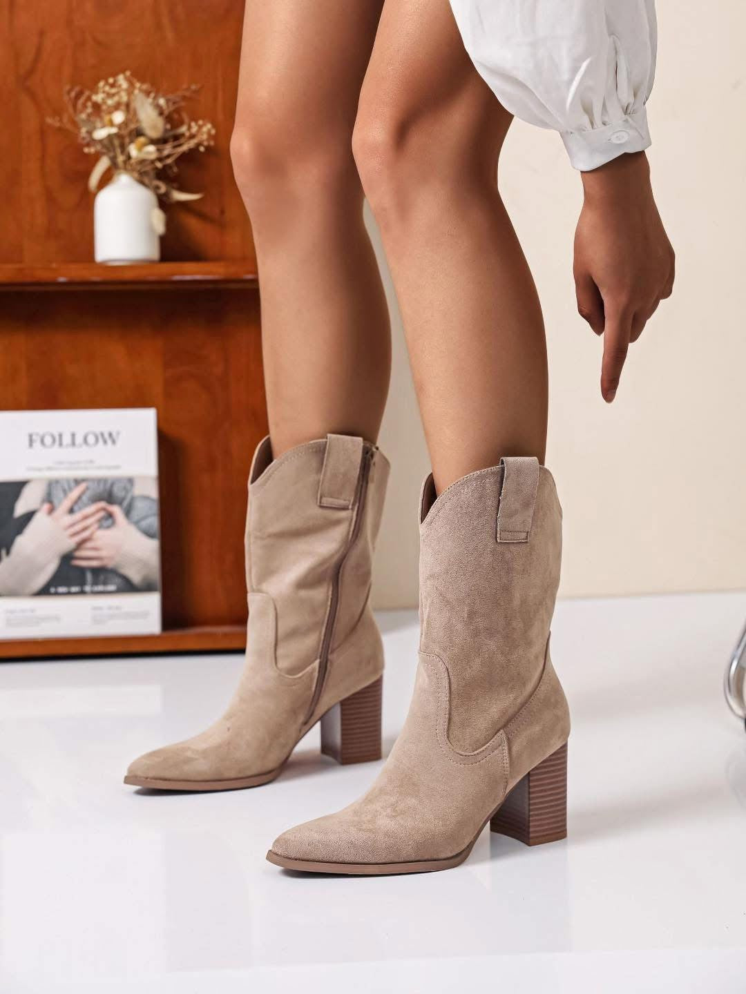 Beige block heel cowboy boots