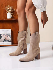 Beige block heel cowboy boots