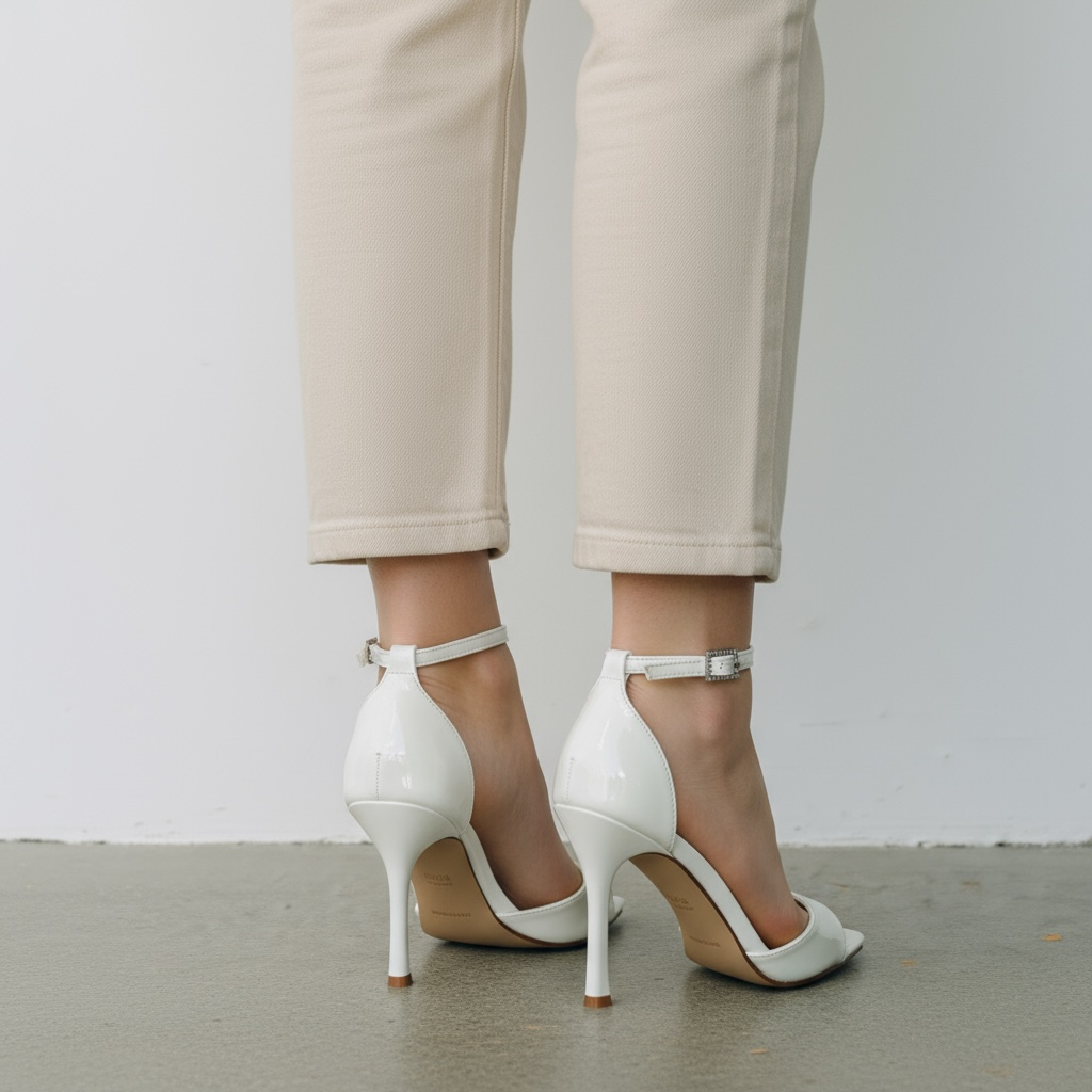White sandals with a thin heel