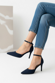 Dark blue stilettos with a thin heel