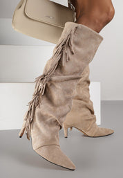 Khaki boots with a thin heel