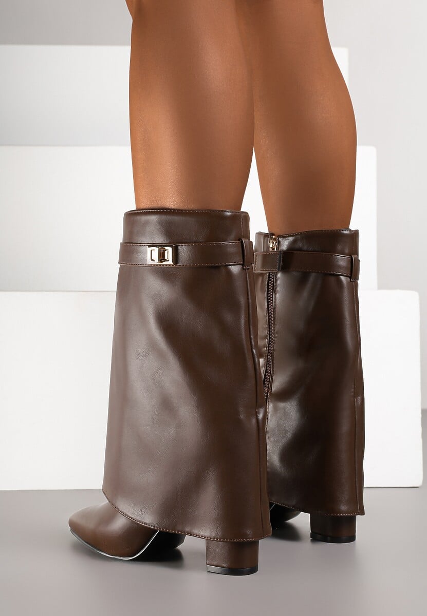 Brown folded block heel boots