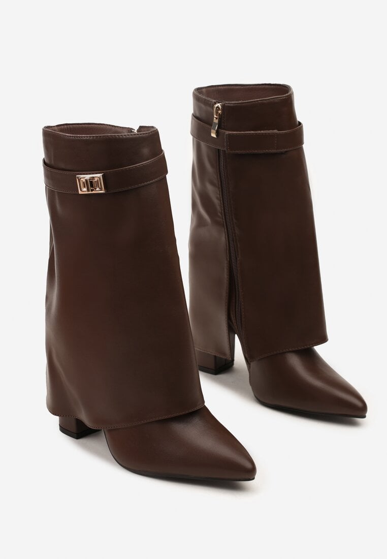 Brown folded block heel boots