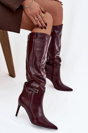 Burgundy boots with a thin heel