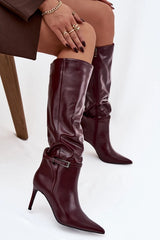Burgundy boots with a thin heel