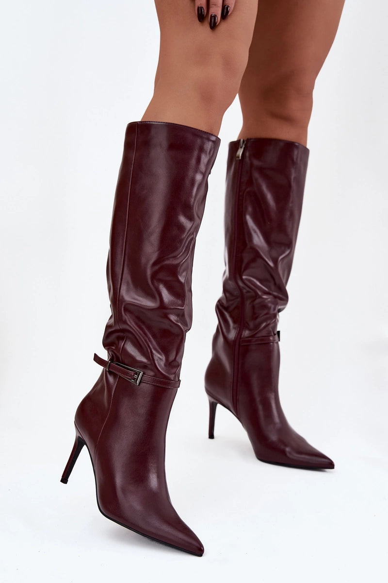 Burgundy boots with a thin heel