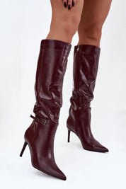 Burgundy boots with a thin heel