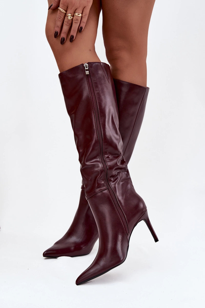 Burgundy boots with a thin heel