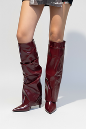 Burgundy boots with a thin heel