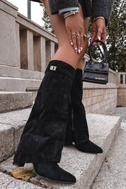 Black brushed block heel boots