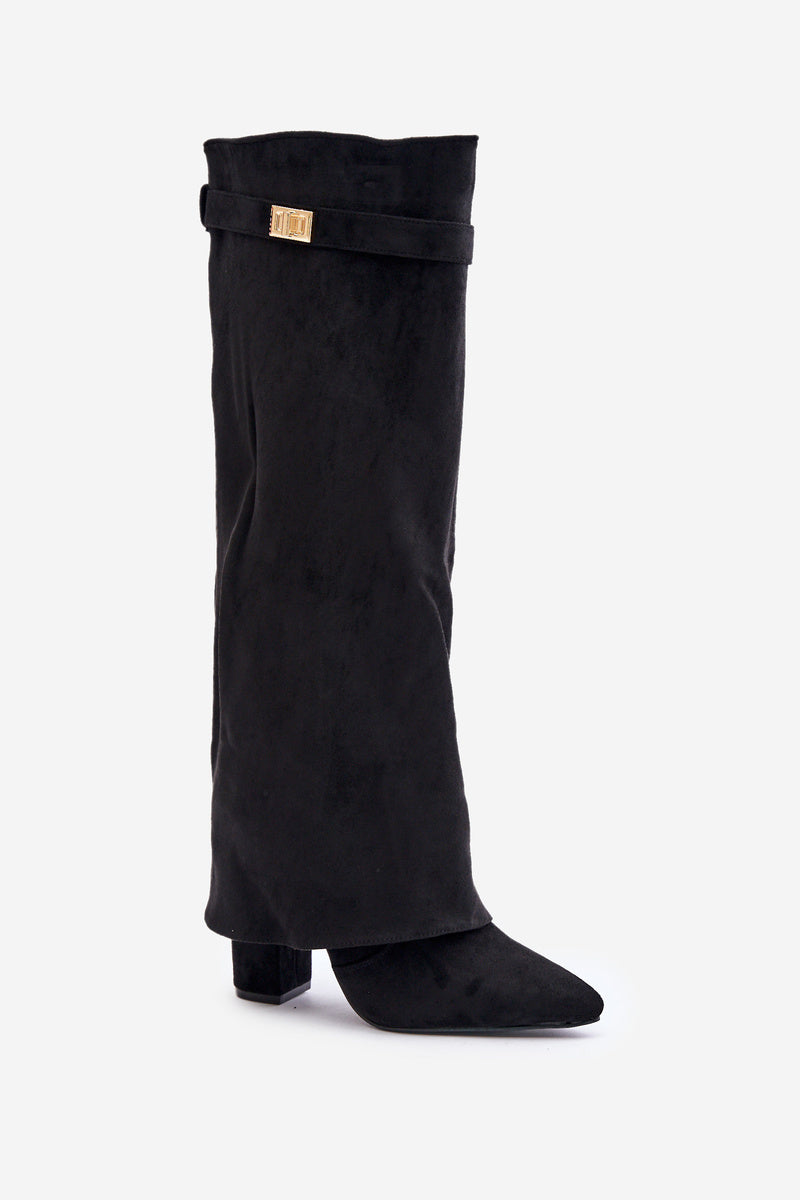Black brushed block heel boots