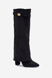 Black brushed block heel boots