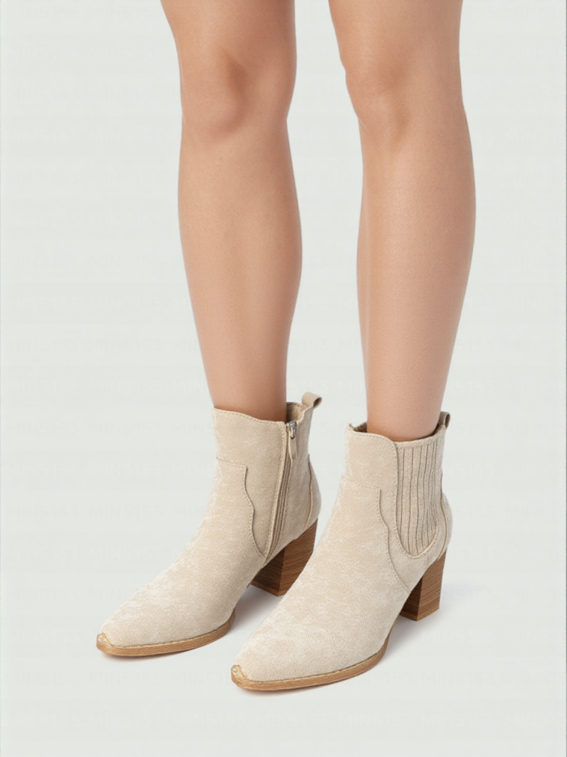 Beige block heel ankle boots