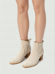 Beige block heel ankle boots