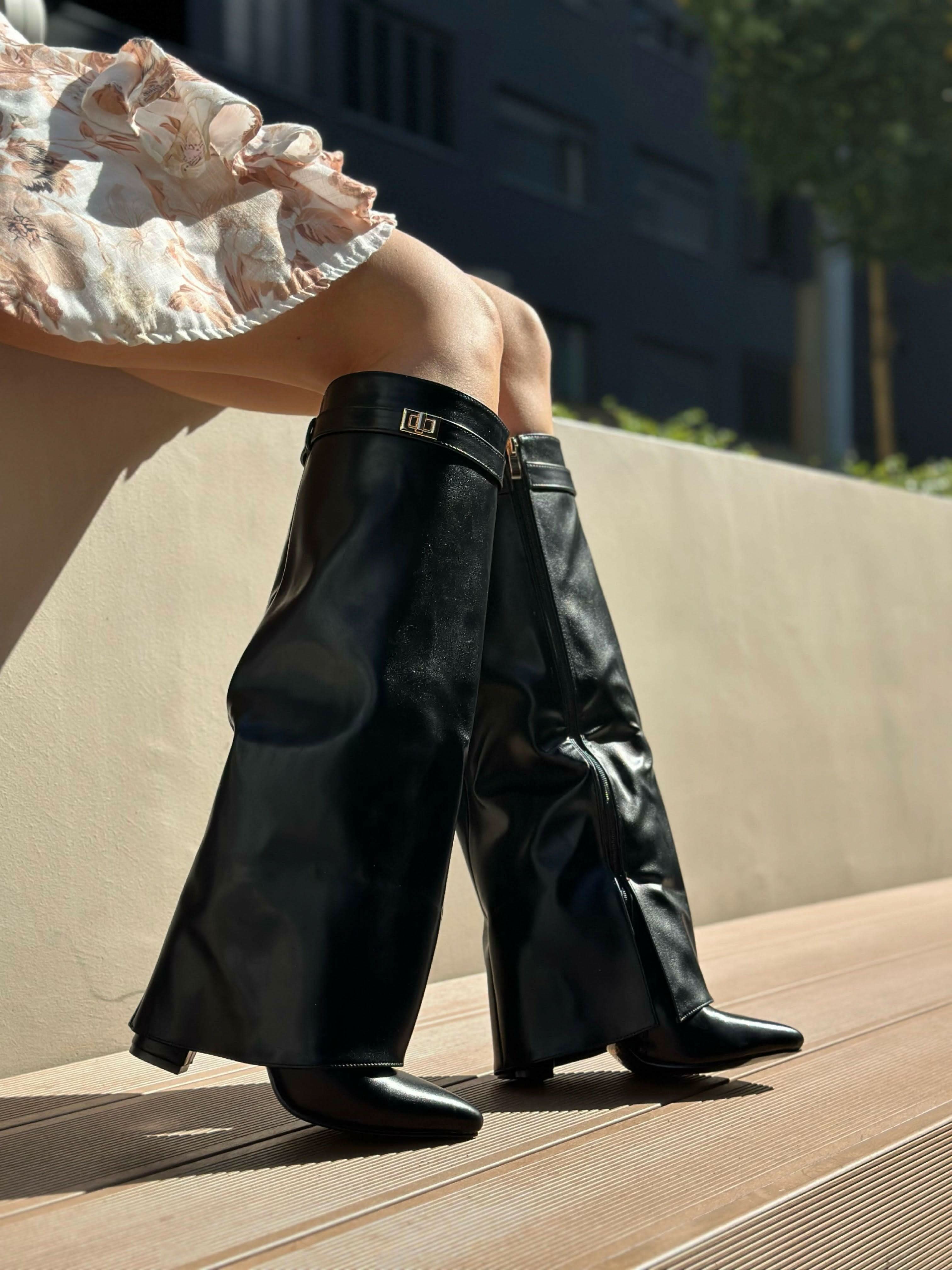 Black block heel high boots