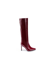 Burgundy patent leather boots with a thin heel