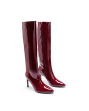 Burgundy patent leather boots with a thin heel