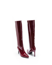 Burgundy patent leather boots with a thin heel