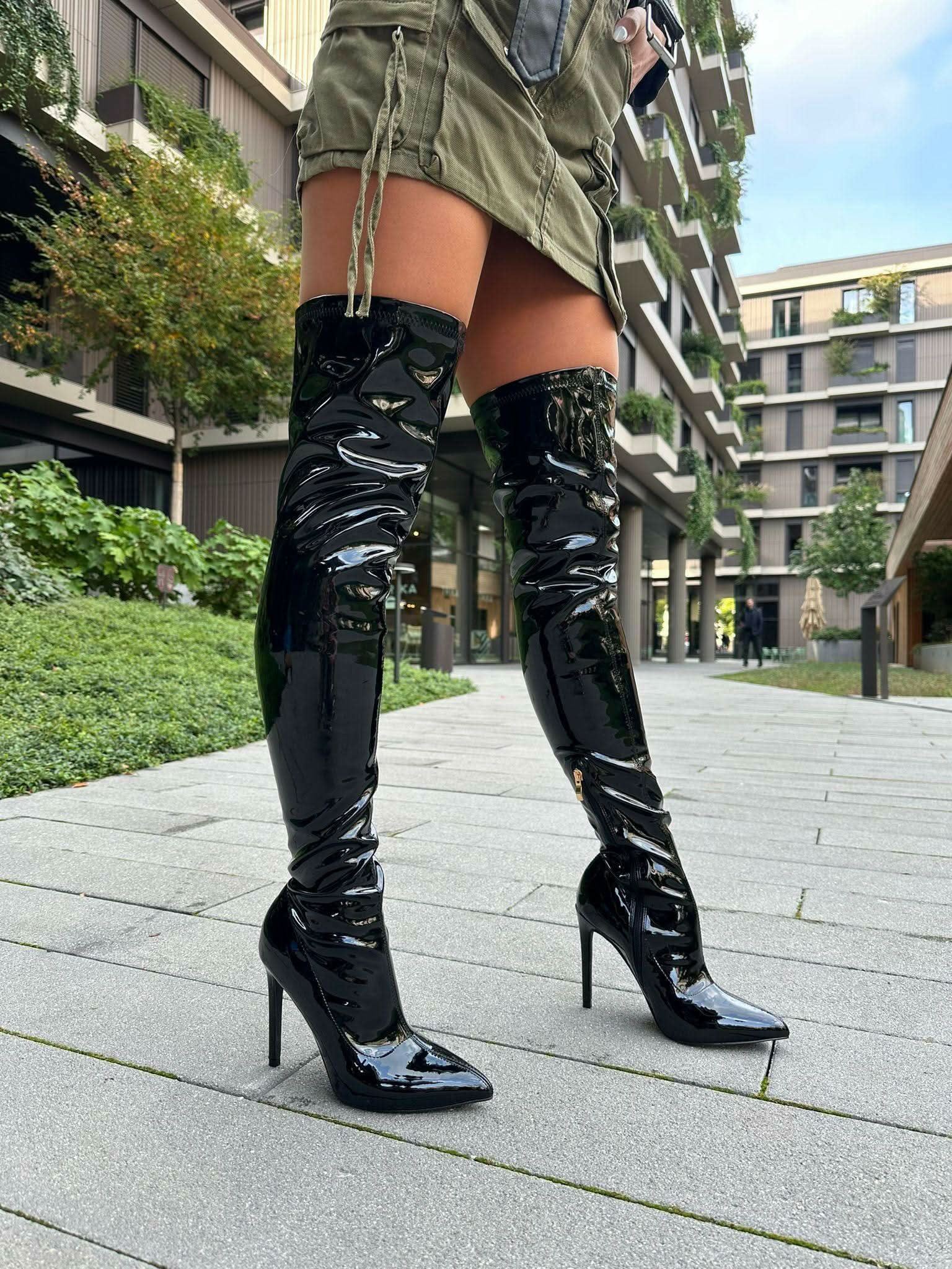 Black patent high boots
