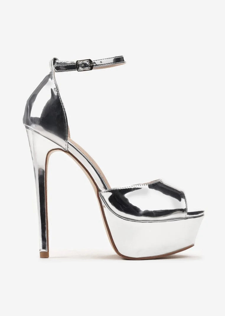 Srebrne sandale s visokom petom i platformom s otvorenim prstima - Cipelice