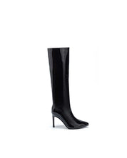 Black lacquered boots with a thin heel