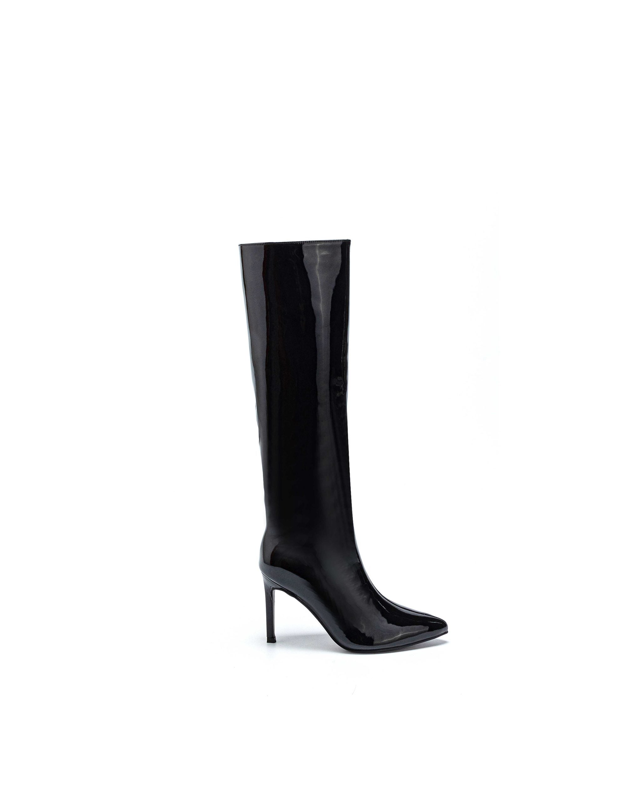Black lacquered boots with a thin heel