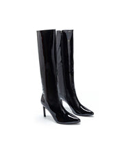 Black lacquered boots with a thin heel