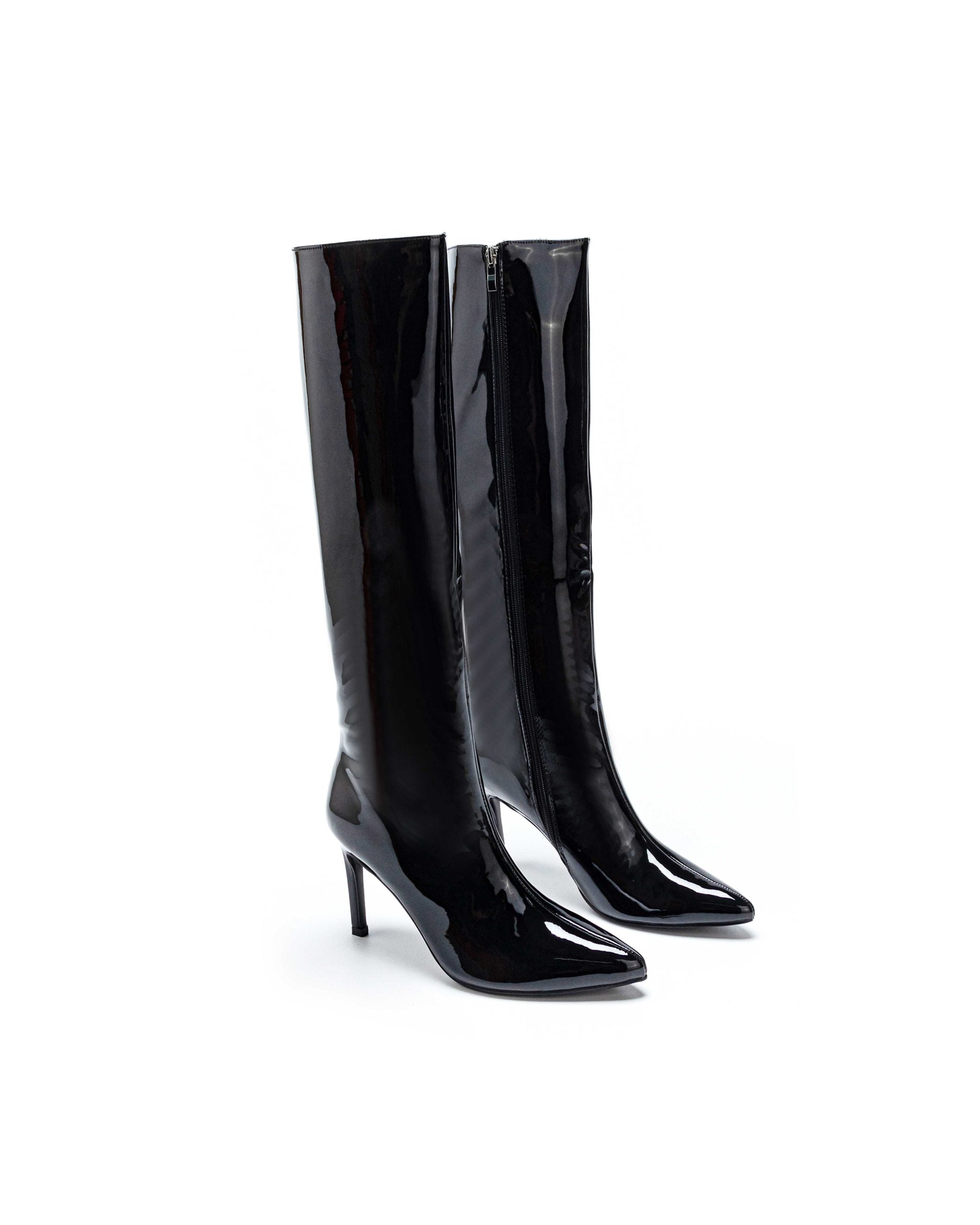 Black lacquered boots with a thin heel