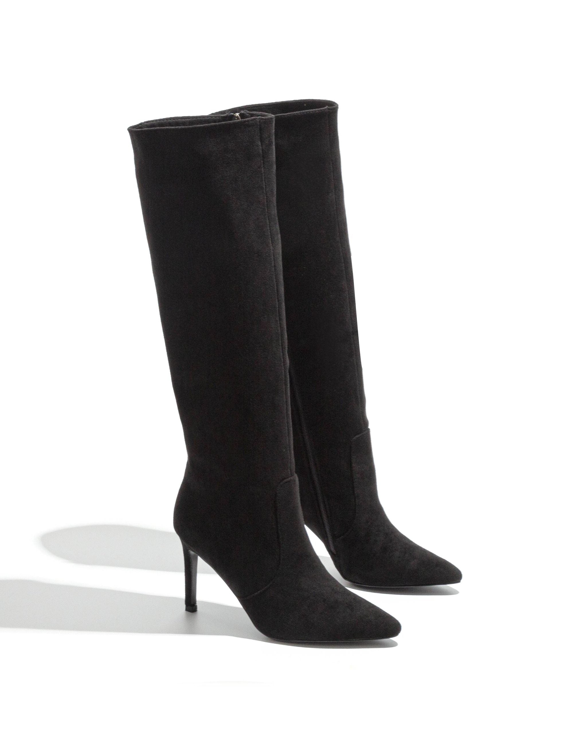 Black polished boots with a thin heel