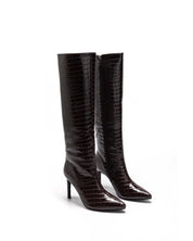 Brown croc boots with a thin heel