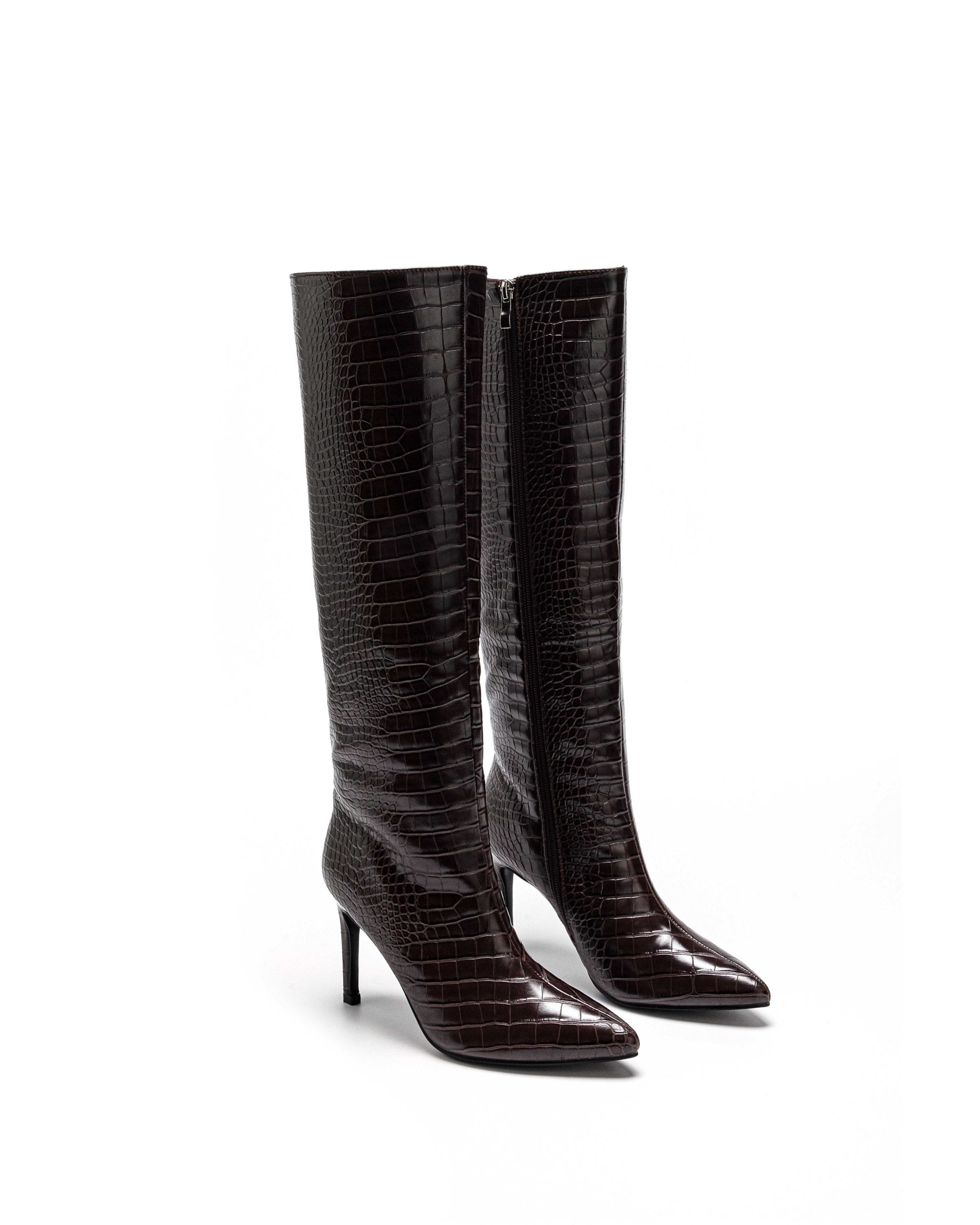 Brown croc boots with a thin heel
