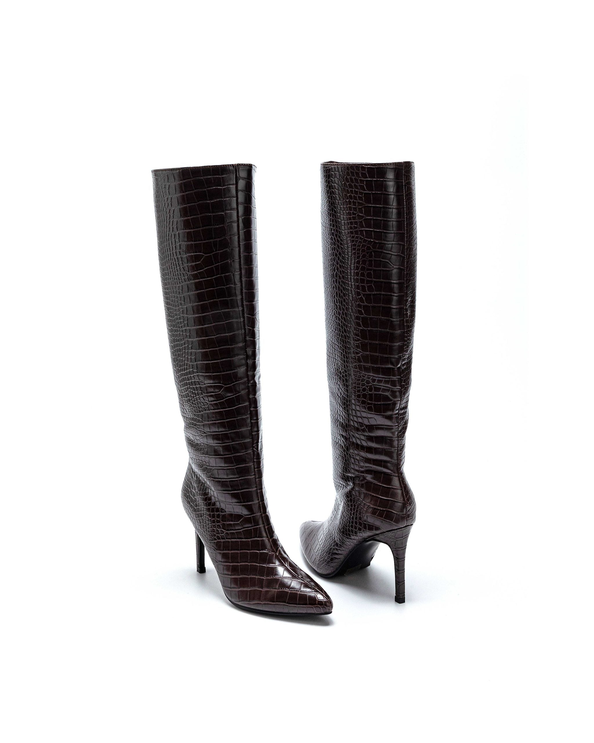 Brown croc boots with a thin heel